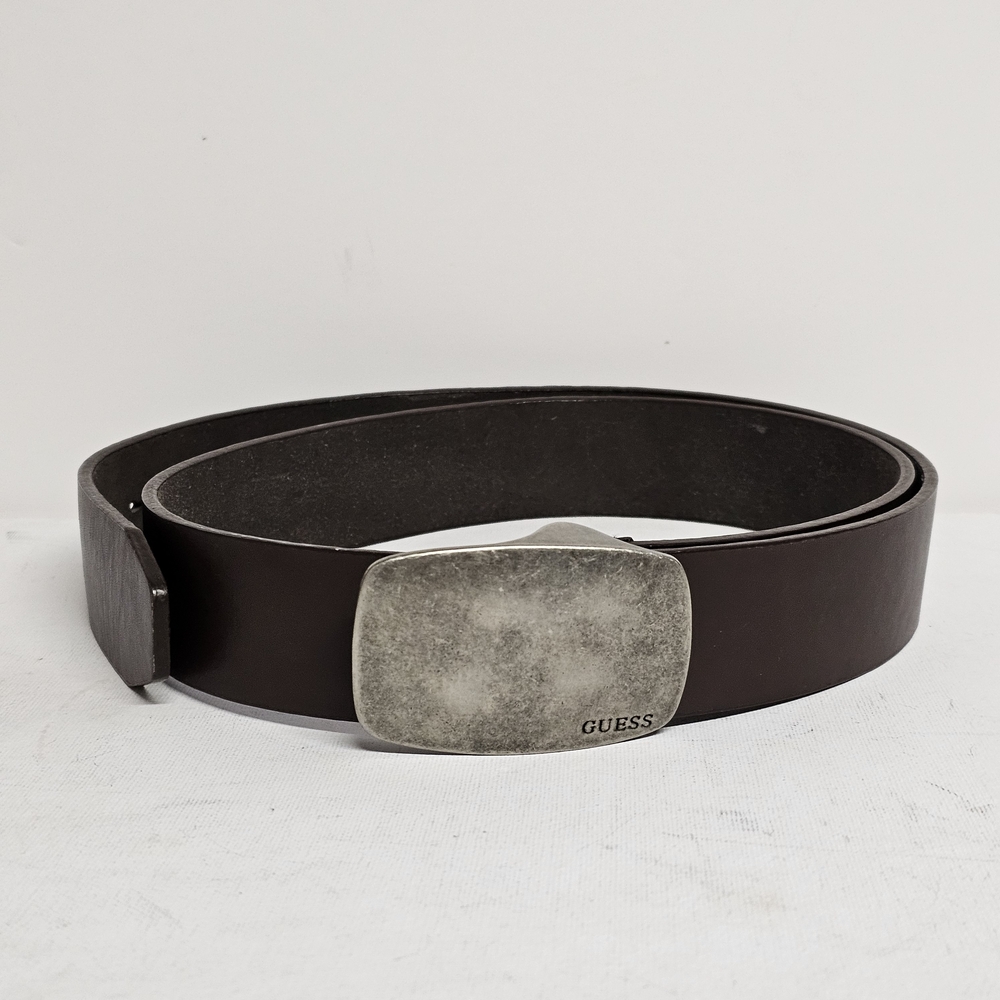 Guess Genuine Leather Belt Dark Brown Brushed Logo Buckle Casual